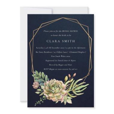 NAVY DESERT SUCCULENT CACTI FOLIAGE BRIDAL SHOWER Invitations