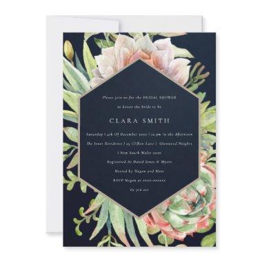 NAVY DESERT SUCCULENT CACTI FOLIAGE BRIDAL SHOWER Invitations