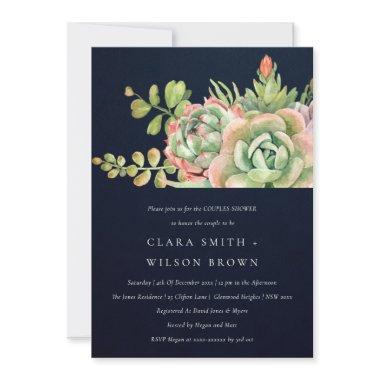 NAVY DESERT SUCCULENT CACTI FOLIAGE COUPLE SHOWER Invitations