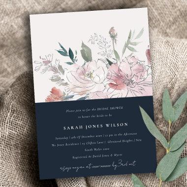 Navy Dusky Blush Watercolor Floral Bridal Shower Invitations