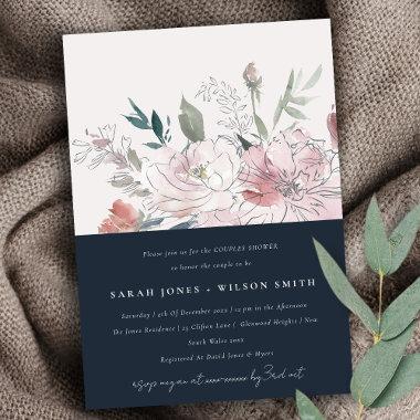 Navy Dusky Blush Watercolor Floral Couples Shower Invitations