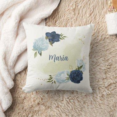navy dusty blue floral greenery throw pillow