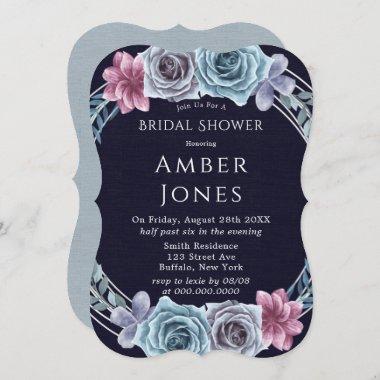 Navy Dusty Blue Rose Floral Bridal Shower Invites