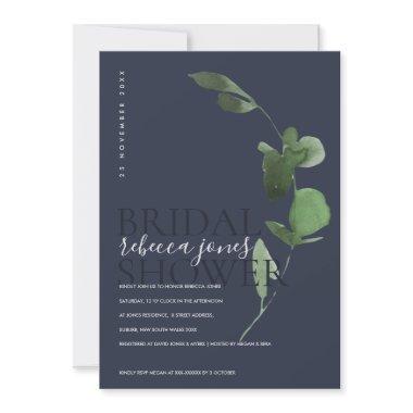 NAVY EUCALYPTUS FOLIAGE WATERCOLOR BRIDAL SHOWER ANNOUNCEMENT