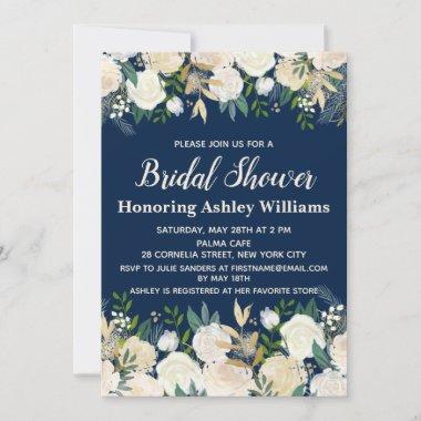 Navy Floral Greenery Rose Bridal Shower Invitations