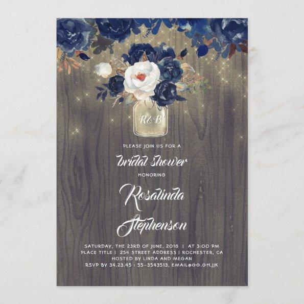 Navy Floral Mason Jar Rustic Bridal Shower Invitations