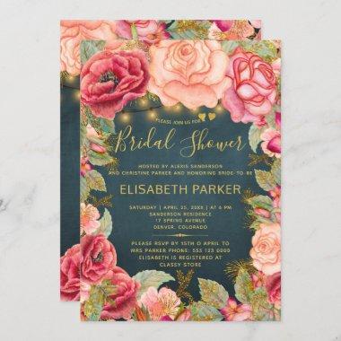 Navy gold blush pink roses lights bridal shower Invitations