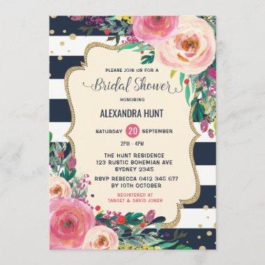 Navy Gold Bridal Shower Invitations Rustic Floral