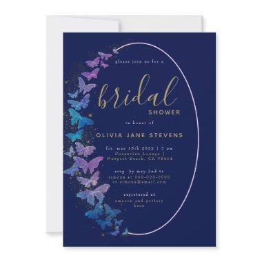 Navy Gold Butterflies Boho Frame Bridal Shower Invitations