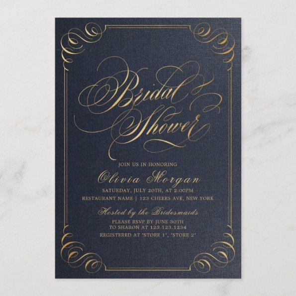 Navy gold elegant calligraphy Bridal Shower Invitations