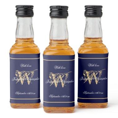 Navy & Gold Elegant Monogram Chic Wedding Mini Liquor Bottle Label