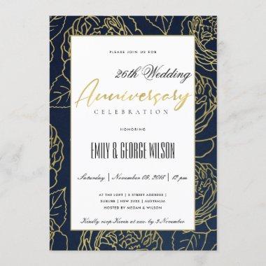 NAVY GOLD ELEGANT ROSE FLORAL ANY YEAR ANNIVERSARY Invitations