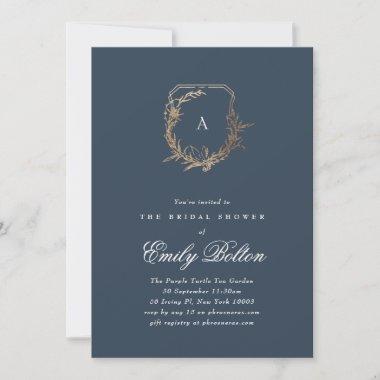 navy gold floral monogram crest bridal shower Invitations