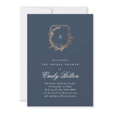 navy gold floral monogram crest bridal shower Invitations