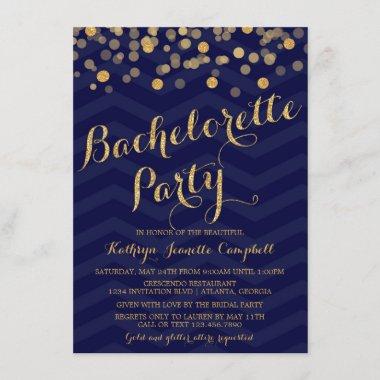 Navy Gold Glitter Confetti Bachelorette Party Invitations