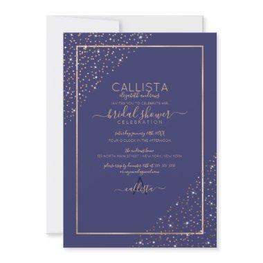 Navy Gold Glitter Confetti Corners Bridal Shower Invitations