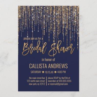 Navy Gold Glitter Fringe Curtain Bridal Shower Invitations