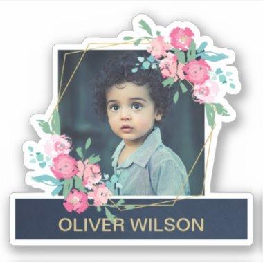 NAVY GOLD OVERLAY PINK BLUSH FLORAL WREATH PHOTO STICKER