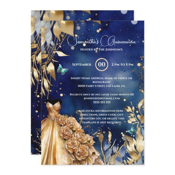 Navy gold Quinceañera butterfly ballgown flowers