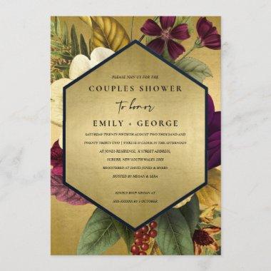 NAVY GOLD VINTAGE BURGUNDY FLORAL COUPLES SHOWER Invitations