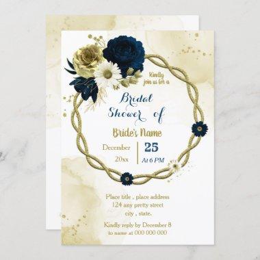 Navy ivory floral gold wreath bridal shower Invitations
