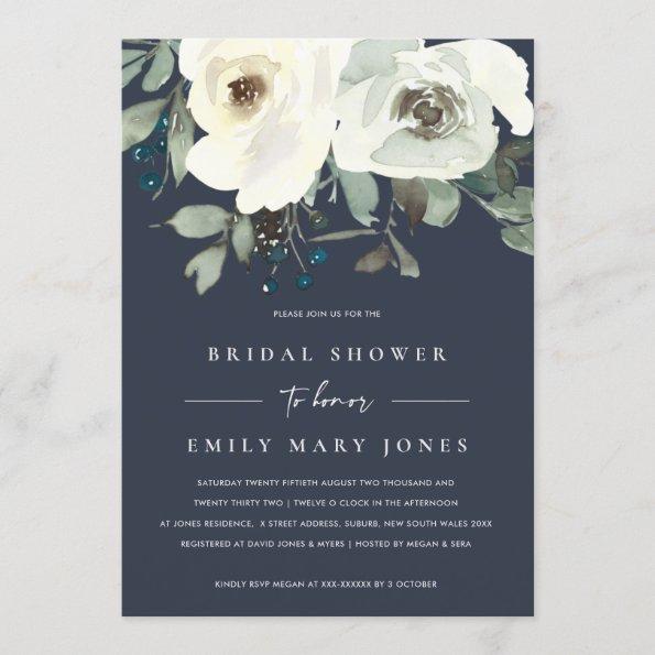 NAVY IVORY WHITE FLORAL WATERCOLOR BRIDAL SHOWER Invitations