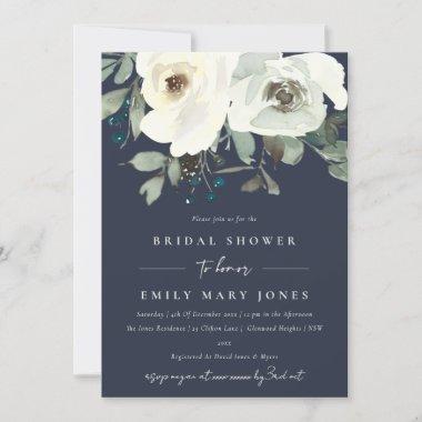 NAVY IVORY WHITE FLORAL WATERCOLOR BRIDAL SHOWER Invitations