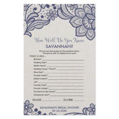 Navy Lace "How Well Do You Know The Bride" Game Flyer