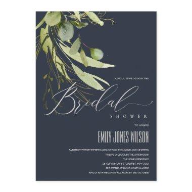 NAVY LEAFY GREEN FOLIAGE WATERCOLOR BRIDAL SHOWER Invitations