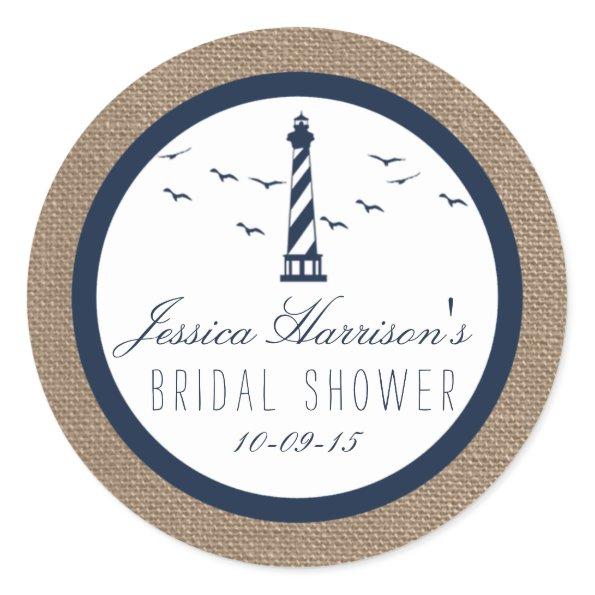 Navy Lighthouse On Burlap Nautical Bridal Shower Classic Round Sticker
