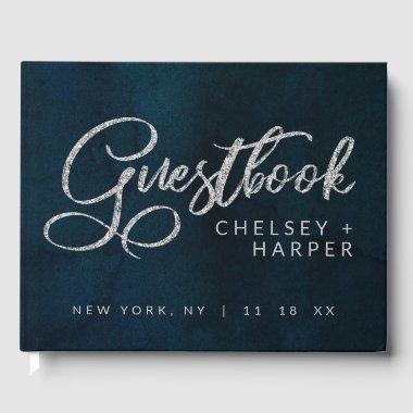 Navy Luster Dark Blue Silver Watercolor Wedding Guest Book