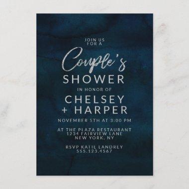 Navy Luster Silver Blue Couple's Wedding Shower Invitations