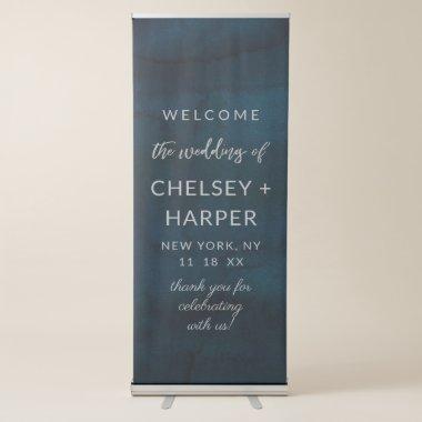 Navy Luster Silver Blue Watercolor Wedding Welcome Retractable Banner
