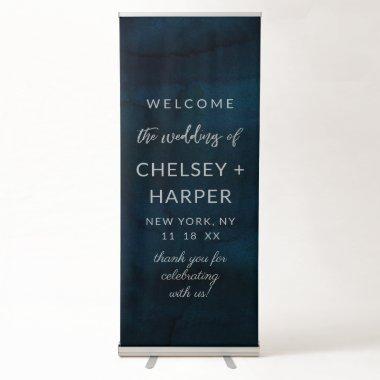 Navy Luster Silver Blue Watercolor Wedding Welcome Retractable Banner