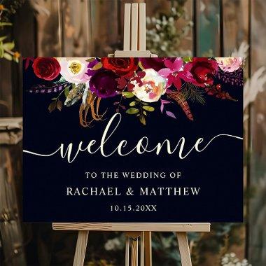 Navy Marsala Rustic Boho Floral Wedding Welcome Foam Board