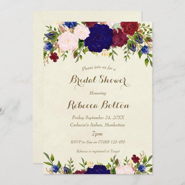navy marsala wine bridal shower Invitations floral