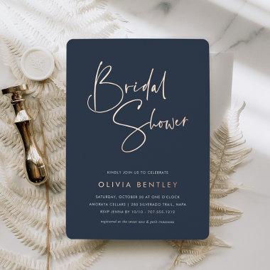 Navy | Modern Minimalist Script Bridal Shower Foil Invitations