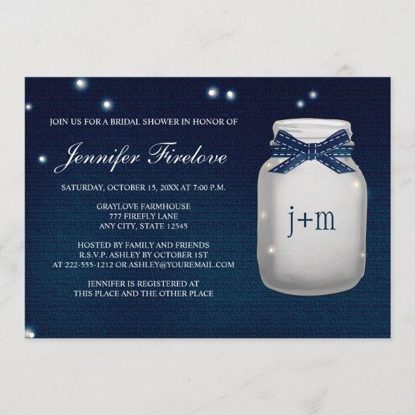 Navy Monogrammed Firefly Mason Jar Bridal Shower Invitations