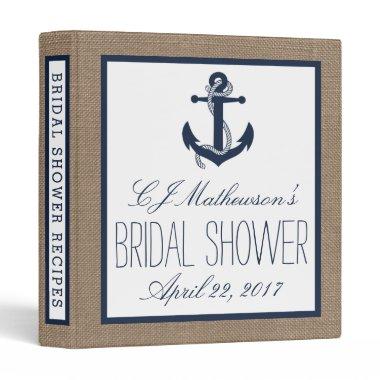 Navy Nautical Anchor Burlap Bridal Shower Recipe 3 Ring Binder