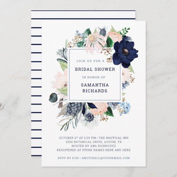 Navy Nautical Floral and Stripes | Bridal Shower Invitations