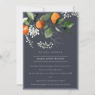 Navy Orange Blossom Foliage Bridal Shower Invite
