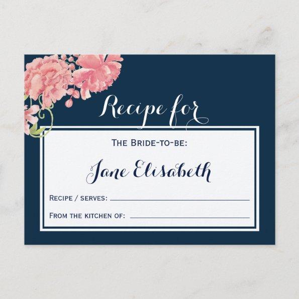 Navy pink blush floral bride to be recipe Invitations