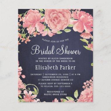 Navy pink floral budget bridal shower Invitations
