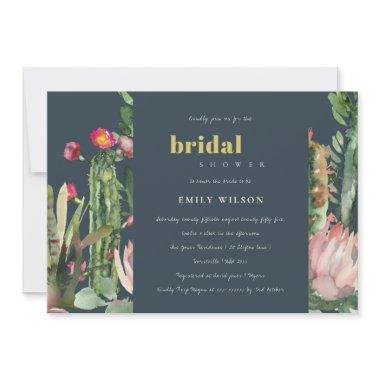 NAVY PINK FLORAL CACTI FOLIAGE BRIDAL SHOWER Invitations