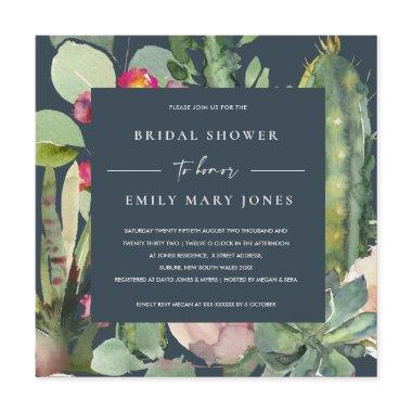 NAVY PINK FLORAL DESERT CACTI FAUNA BRIDAL SHOWER Invitations