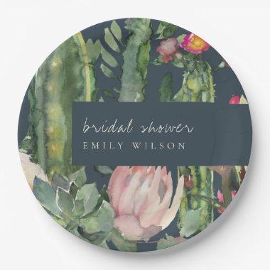 NAVY PINK FLORAL DESERT CACTI FAUNA  PAPER PLATES