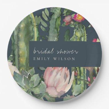 NAVY PINK FLORAL DESERT CACTI FAUNA BRIDAL SHOWER PAPER PLATES