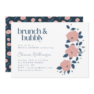 Navy Pink Garden Flower Brunch Bubbly Shower Invitations