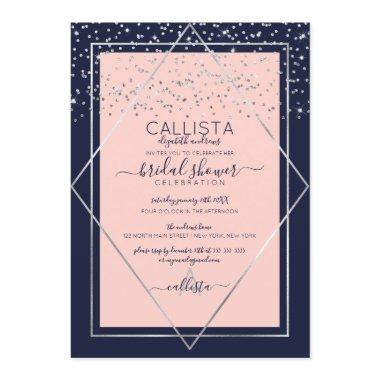 Navy Pink Silver Confetti Border Bridal Shower Invitations