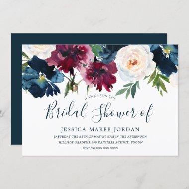 Navy & Red Burgundy Flowers Bridal Shower Invitations